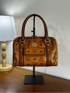 MCM Cognac Visetos Logo Satchel in Brown with Gold Hardware